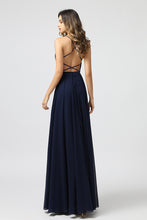 Load image into Gallery viewer, Dark Blue Appliqued Strappy Prom Dresses Long with String Back