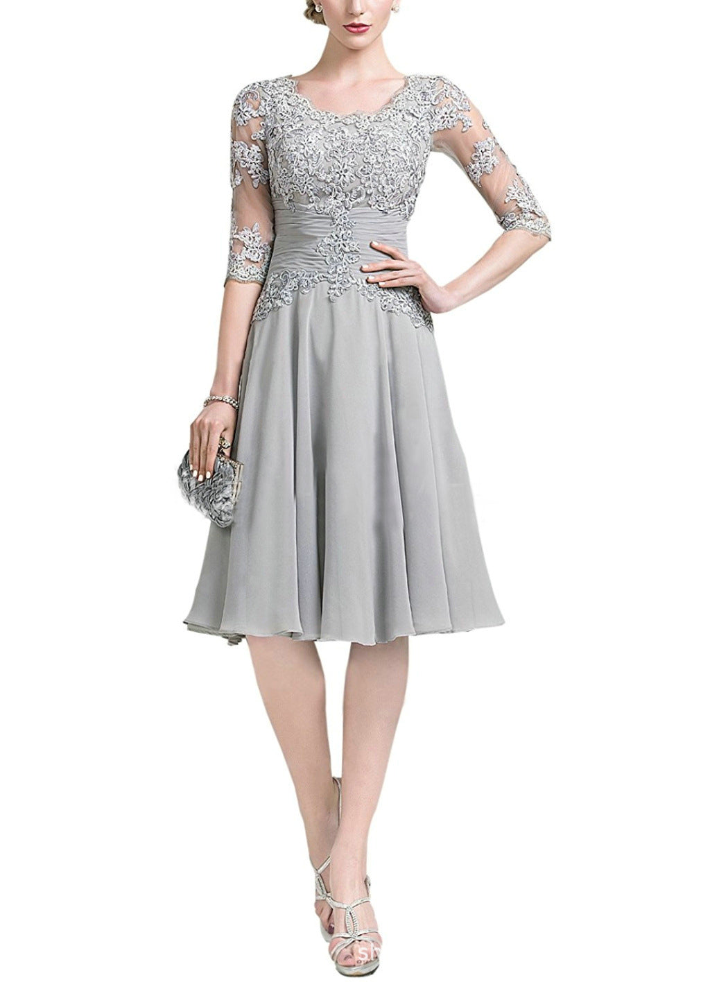 Tea Length Floral Lace Mother of The Bride Dress with Half Sleeves Custom Size - promboutiqueonline