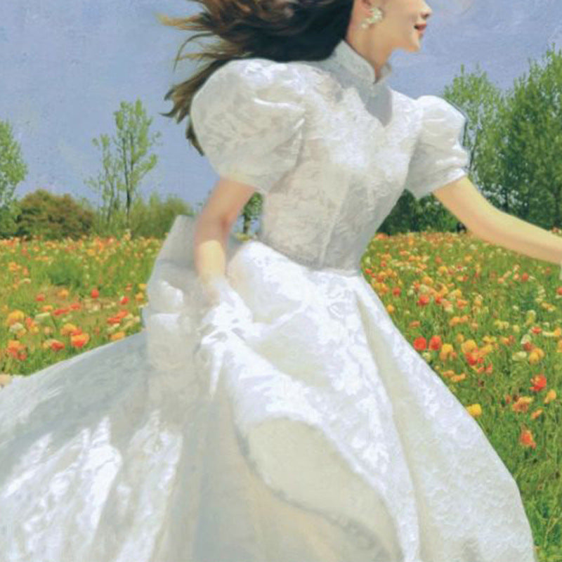 French Style High Low Puff Sleeves Lace Wedding Gowns with High Neckline - promboutiqueonline