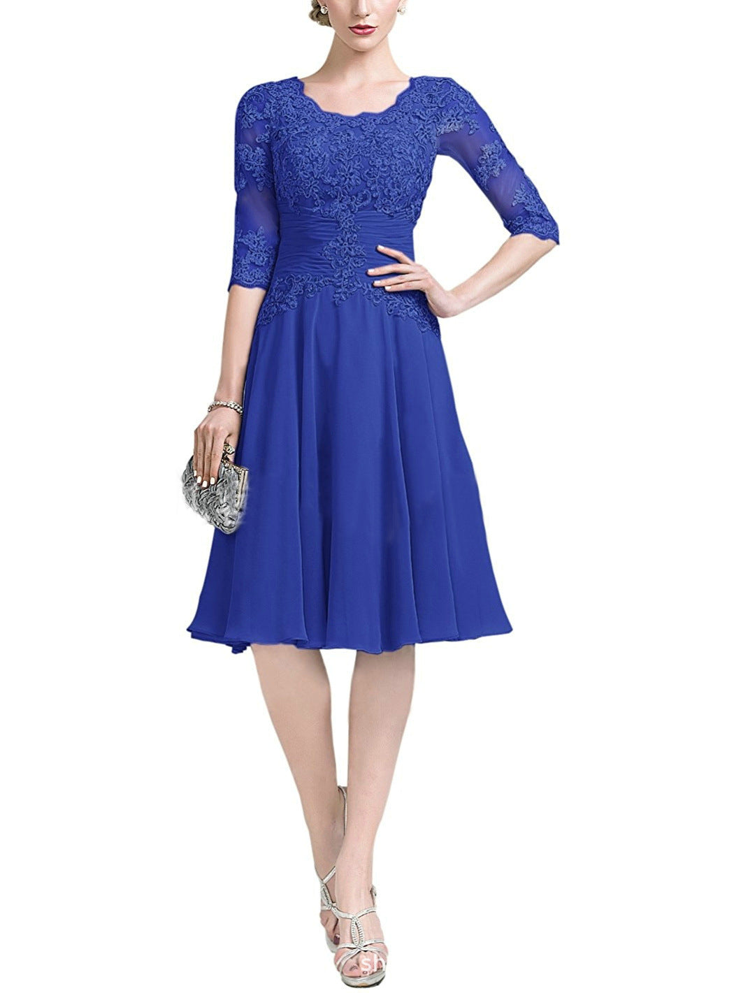 Tea Length Floral Lace Mother of The Bride Dress with Half Sleeves Custom Size - promboutiqueonline