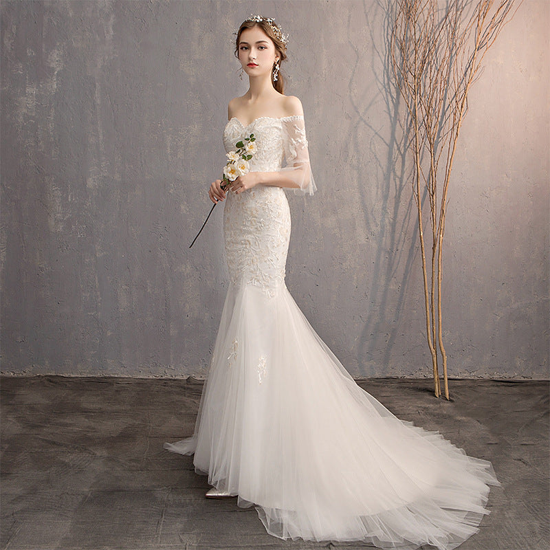 Appliqued Off Shoulder Mermaid Wedding Gowns with Half Sleeves - promboutiqueonline