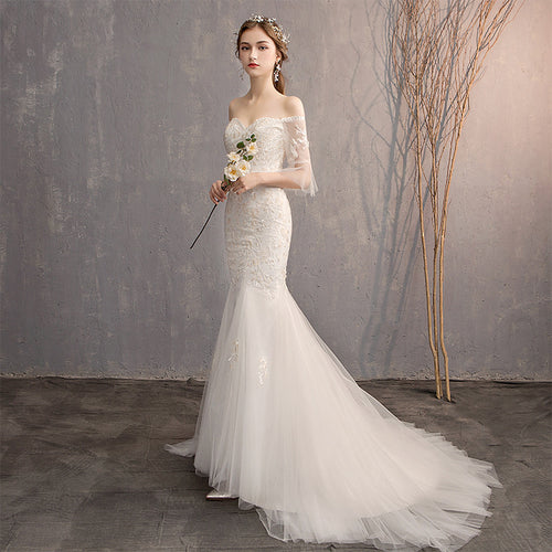 Appliqued Off Shoulder Mermaid Wedding Gowns with Half Sleeves - promboutiqueonline