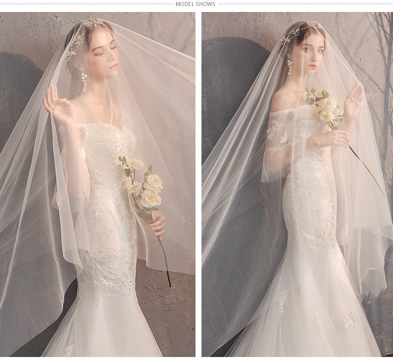 Appliqued Off Shoulder Mermaid Wedding Gowns with Half Sleeves - promboutiqueonline