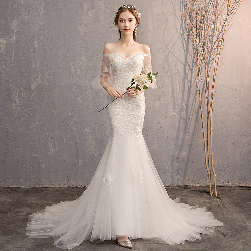 Appliqued Off Shoulder Mermaid Wedding Gowns with Half Sleeves - promboutiqueonline