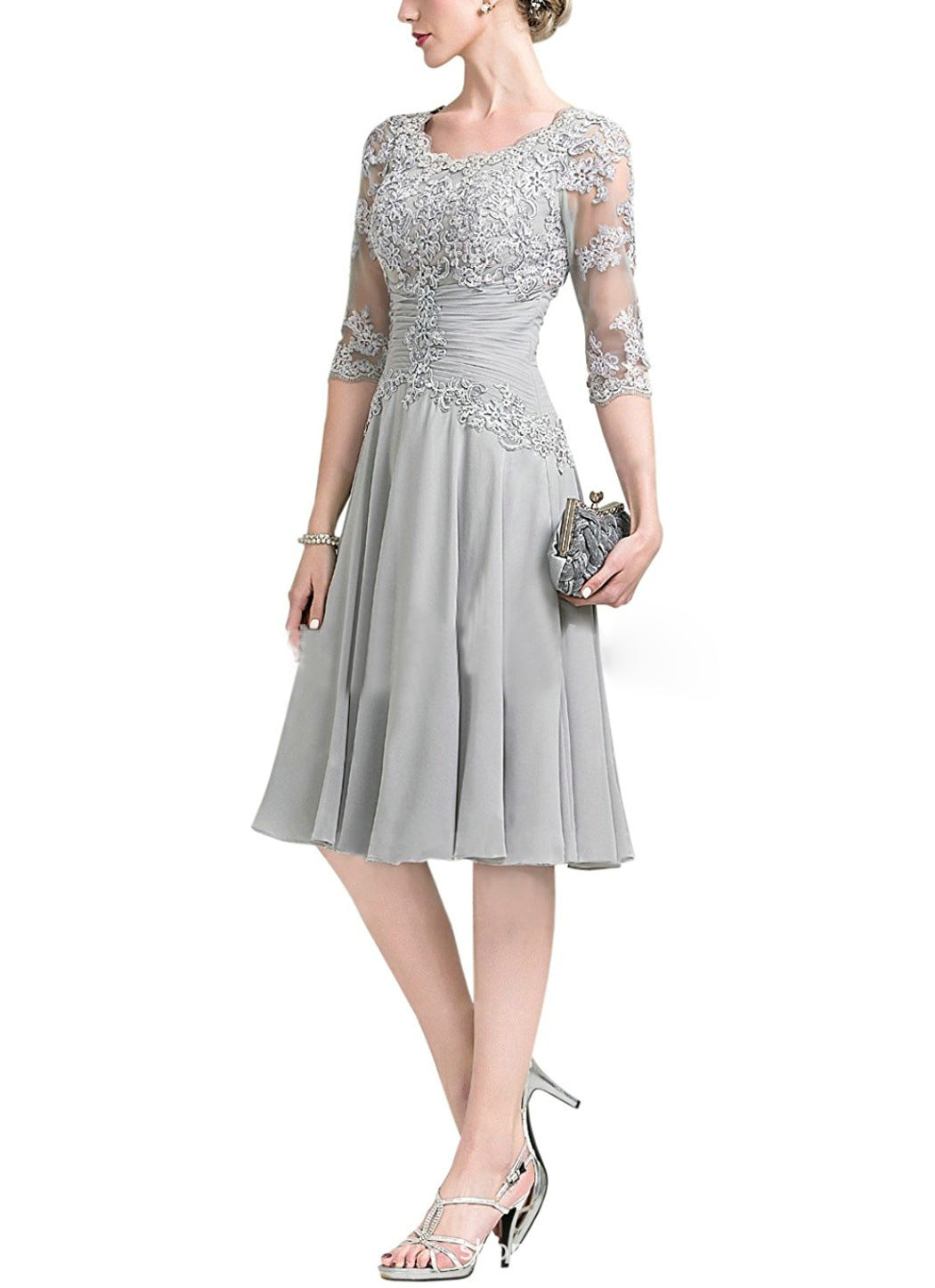 Tea Length Floral Lace Mother of The Bride Dress with Half Sleeves Custom Size - promboutiqueonline