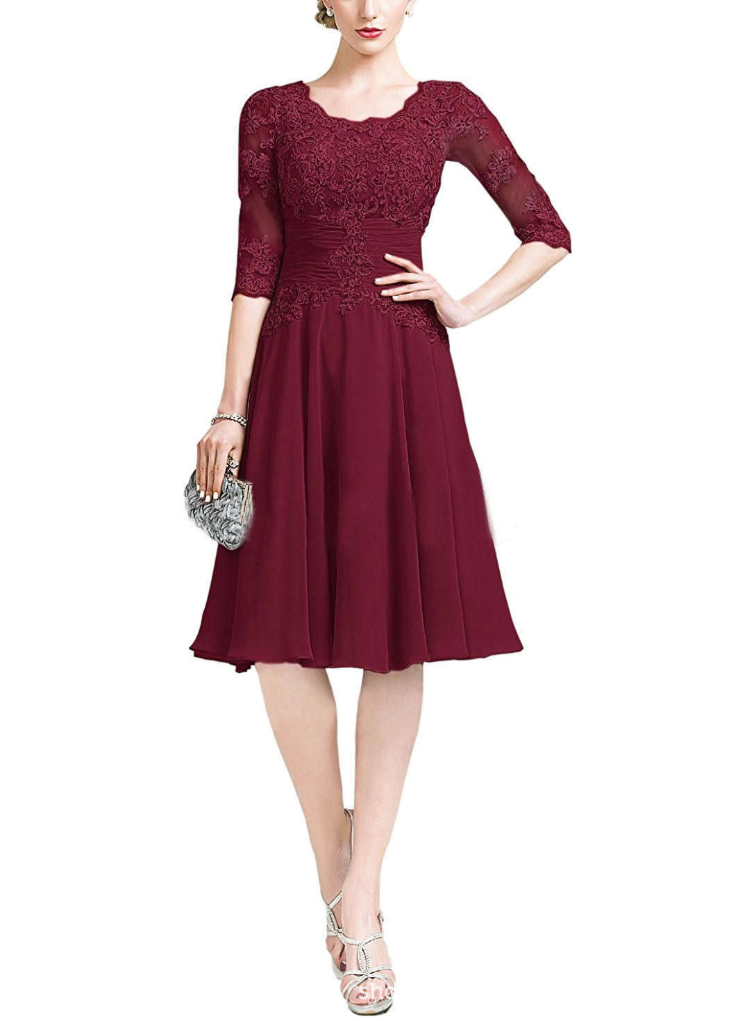 Tea Length Floral Lace Mother of The Bride Dress with Half Sleeves Custom Size - promboutiqueonline