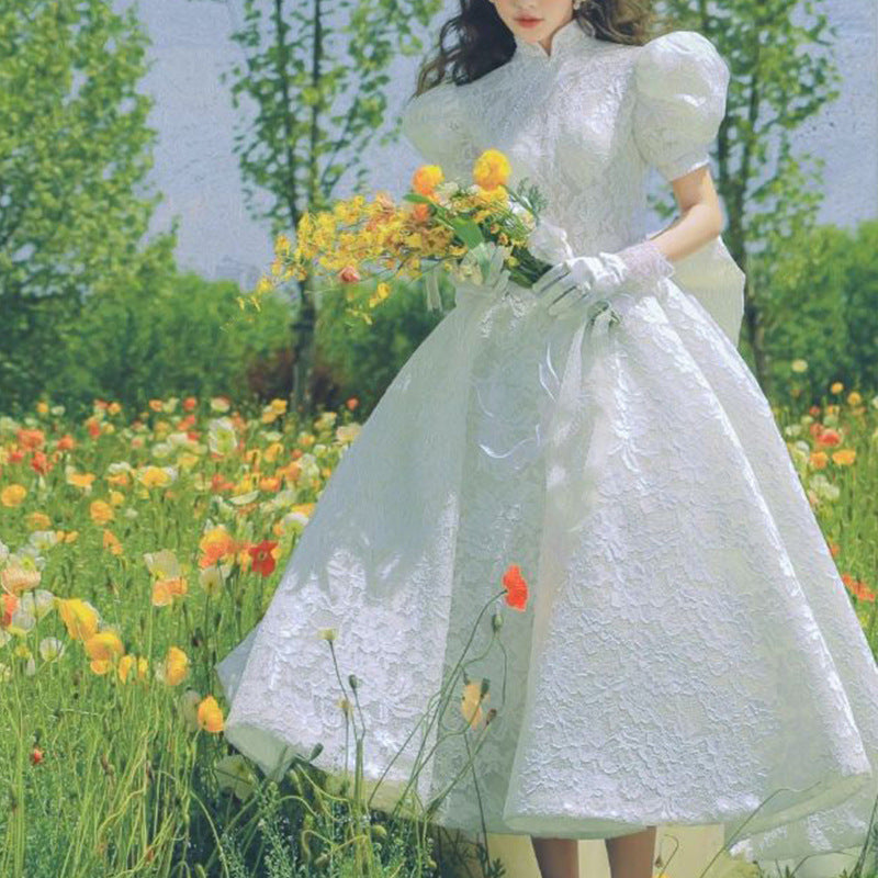 French Style High Low Puff Sleeves Lace Wedding Gowns with High Neckline - promboutiqueonline