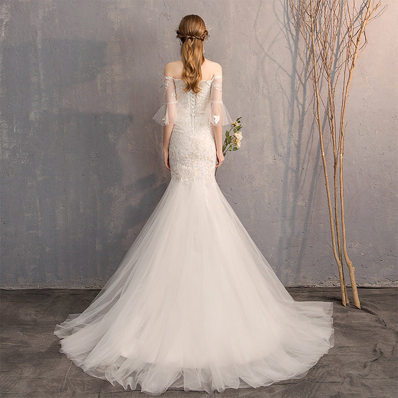 Appliqued Off Shoulder Mermaid Wedding Gowns with Half Sleeves - promboutiqueonline
