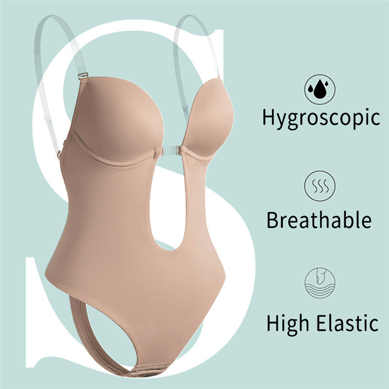 Low Plunging Bodysuit Shapewear with Big U Open Back Womens Bust Lifter Body Shaper - promboutiqueonline