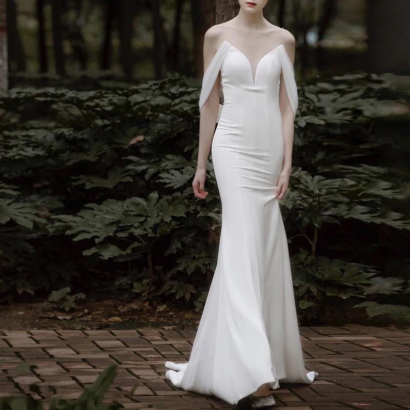 Button Detailed Back Mermaid Satin Wedding Dresses with Drap Sleeves - promboutiqueonline