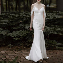 Load image into Gallery viewer, Button Detailed Back Mermaid Satin Wedding Dresses with Drap Sleeves