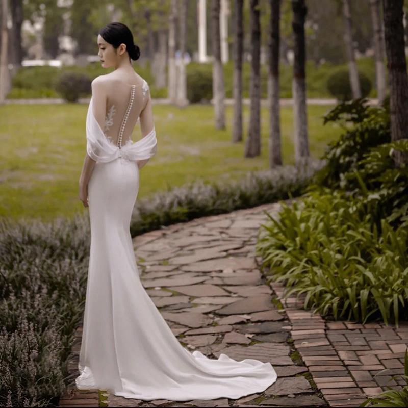 Button Detailed Back Mermaid Satin Wedding Dresses with Drap Sleeves - promboutiqueonline