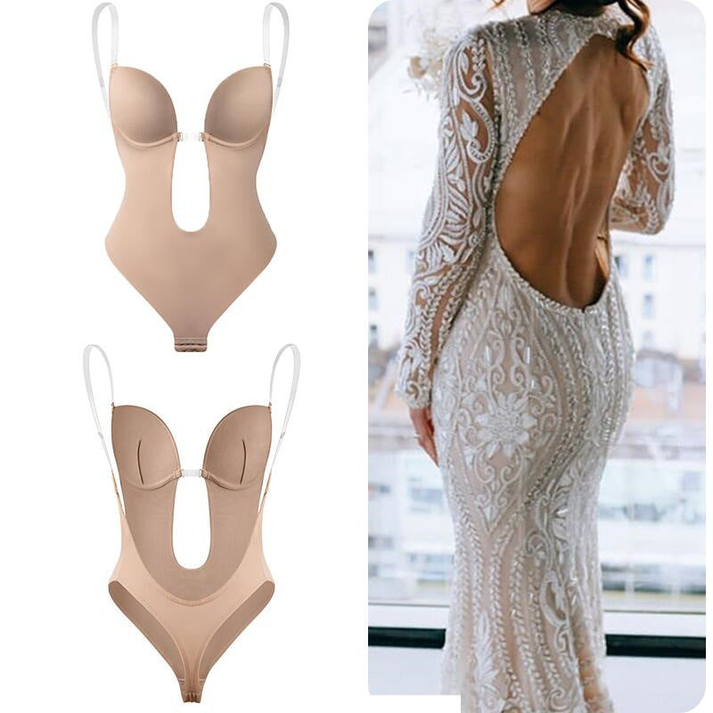 Low Plunging Bodysuit Shapewear with Big U Open Back Womens Bust Lifter Body Shaper - promboutiqueonline