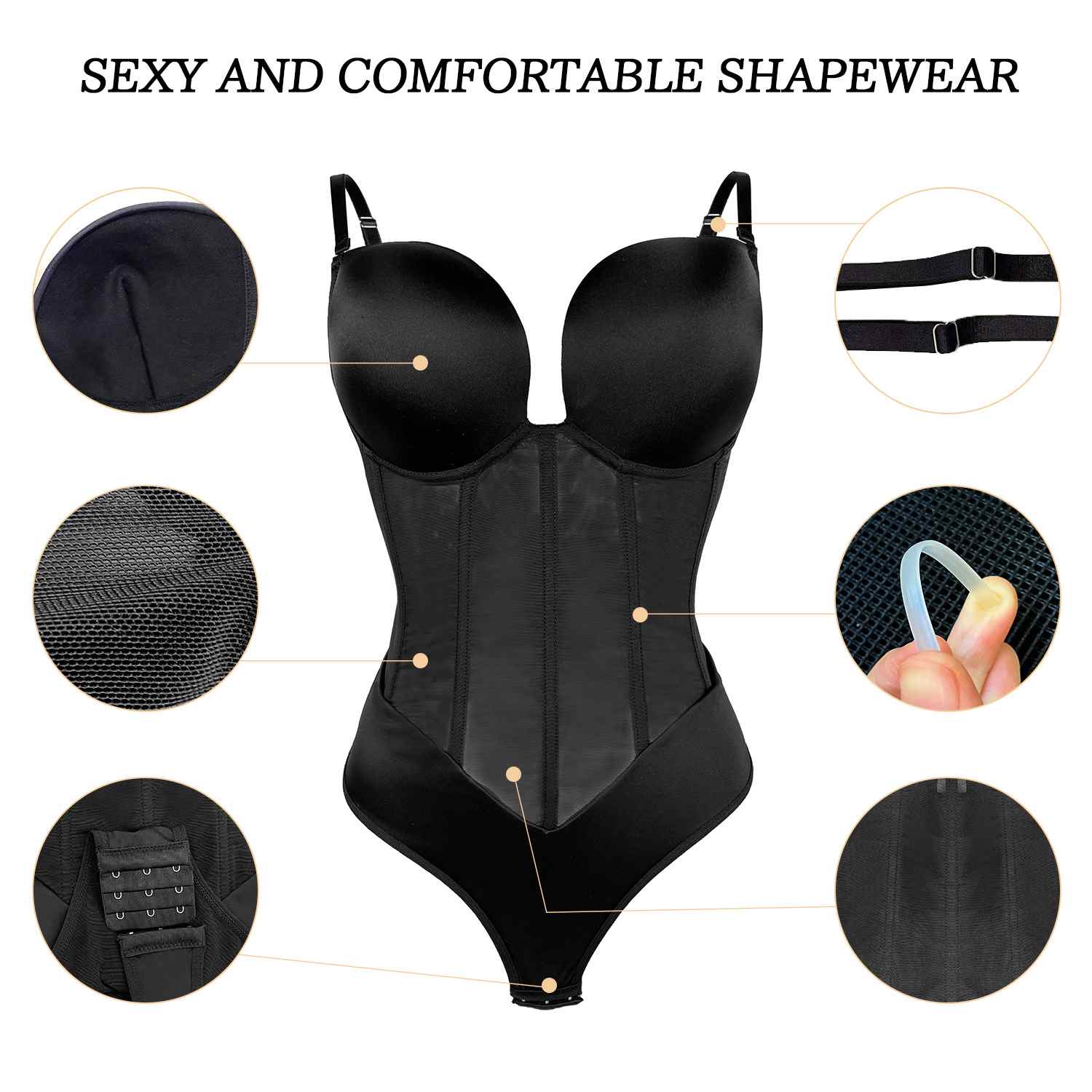 Womens Mesh 5 Glue Bones Bodysuit Shapewear Push Up Tank Corset with Adjustable Buckle - promboutiqueonline