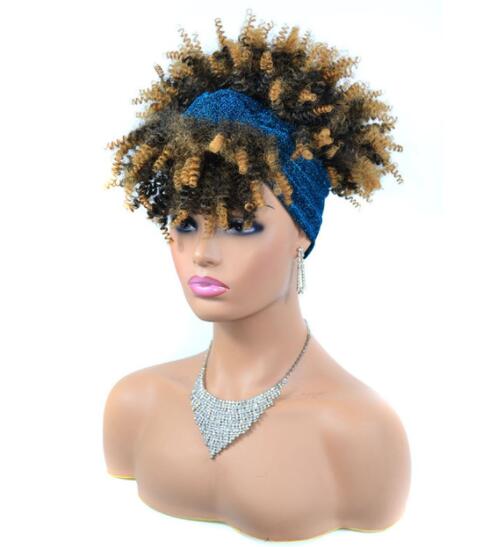 Afro Puff Kinky Curly Synthetic Short Headband Wigs with Turban Wrap For Black Women Heat Resistent - promboutiqueonline