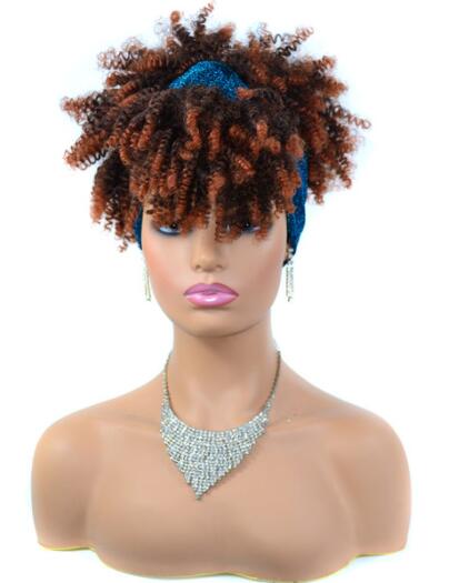 Afro Puff Kinky Curly Synthetic Short Headband Wigs with Turban Wrap For Black Women Heat Resistent - promboutiqueonline