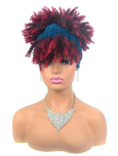 Afro Puff Kinky Curly Synthetic Short Headband Wigs with Turban Wrap For Black Women Heat Resistent - promboutiqueonline