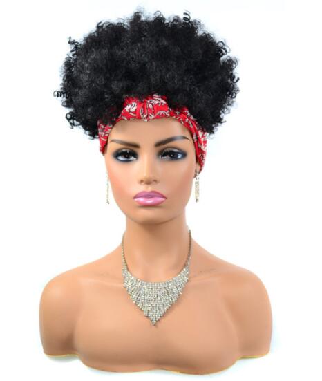 Afro Puff Kinky Curly Synthetic Short Headband Wigs with Turban Wrap For Black Women Heat Resistent - promboutiqueonline
