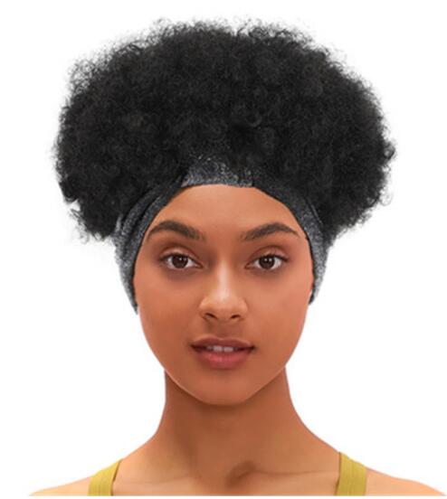 Afro Puff Kinky Curly Synthetic Short Headband Wigs with Turban Wrap For Black Women Heat Resistent - promboutiqueonline