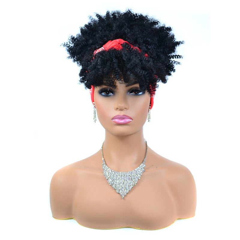 Afro Puff Kinky Curly Synthetic Short Headband Wigs with Turban Wrap For Black Women Heat Resistent - promboutiqueonline