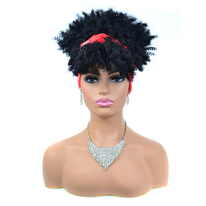 Afro Puff Kinky Curly Synthetic Short Headband Wigs with Turban Wrap For Black Women Heat Resistent