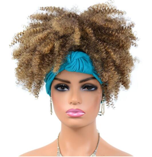 Afro Puff Kinky Curly Synthetic Short Headband Wigs with Turban Wrap For Black Women Heat Resistent - promboutiqueonline