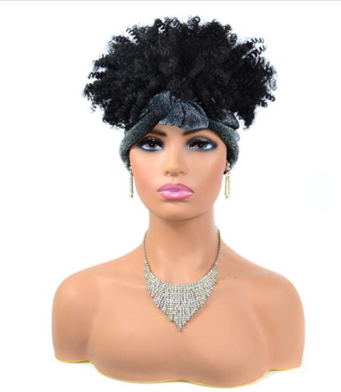 Afro Puff Kinky Curly Synthetic Short Headband Wigs with Turban Wrap For Black Women Heat Resistent - promboutiqueonline