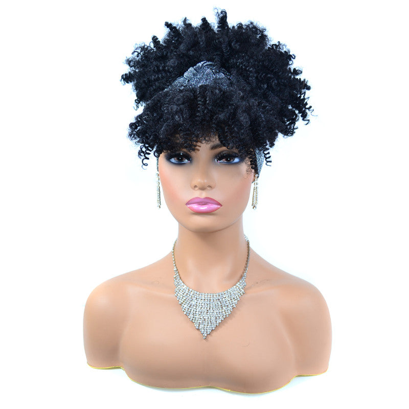 Afro Puff Kinky Curly Synthetic Short Headband Wigs with Turban Wrap For Black Women Heat Resistent - promboutiqueonline