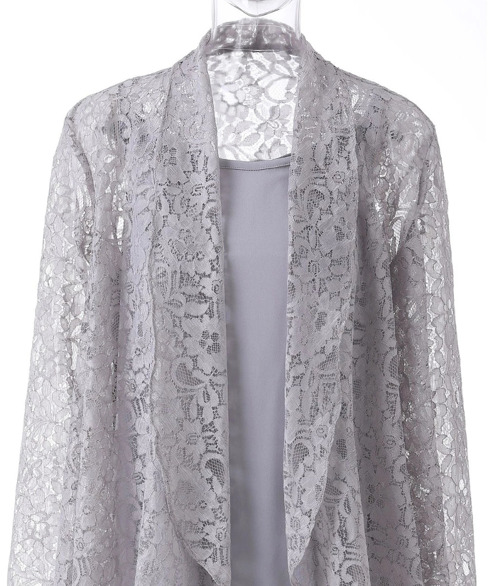 Formal Grey Mother of the Bride Dress 3PCS Pantsuits with Lace Long Sleeves Jacket - promboutiqueonline
