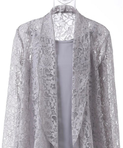 Formal Grey Mother of the Bride Dress 3PCS Pantsuits with Lace Long Sleeves Jacket