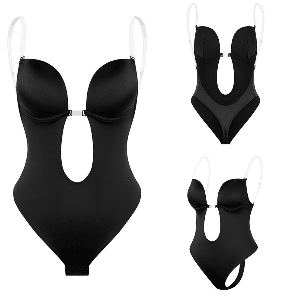 Low Plunging Bodysuit Shapewear with Big U Open Back Womens Bust Lifter Body Shaper - promboutiqueonline