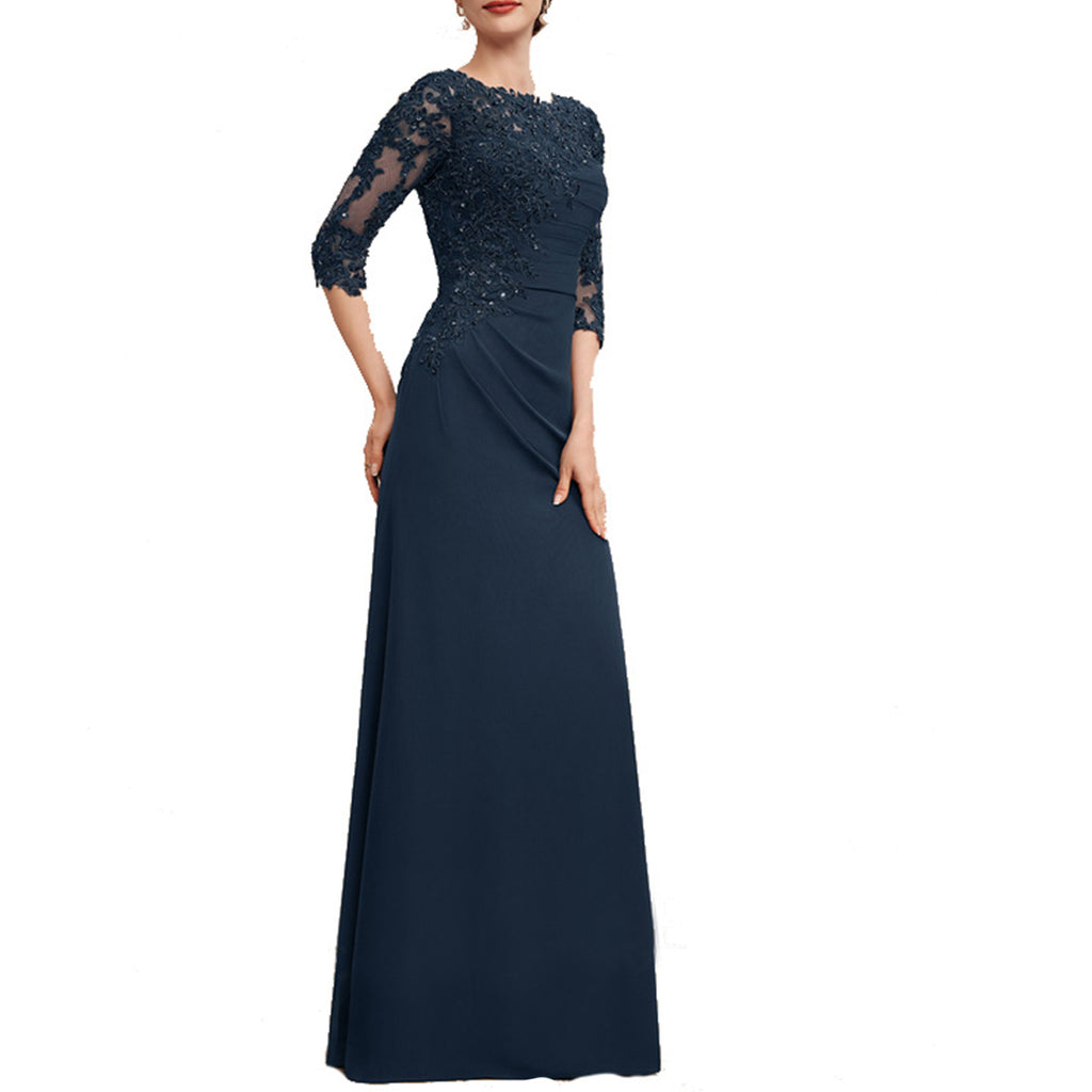 Ruched Jewel Blue Long Mother of the Bride Dress Half Sleeves - promboutiqueonline