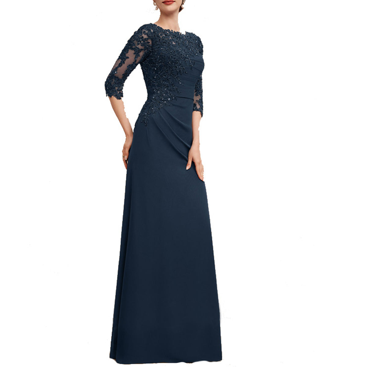 Ruched Jewel Blue Long Mother of the Bride Dress Half Sleeves - promboutiqueonline
