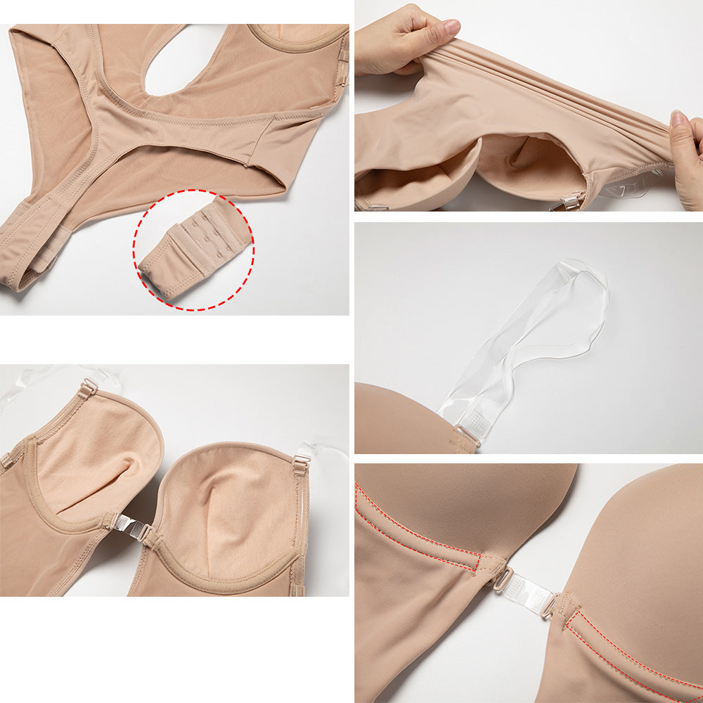 Low Plunging Bodysuit Shapewear with Big U Open Back Womens Bust Lifter Body Shaper - promboutiqueonline