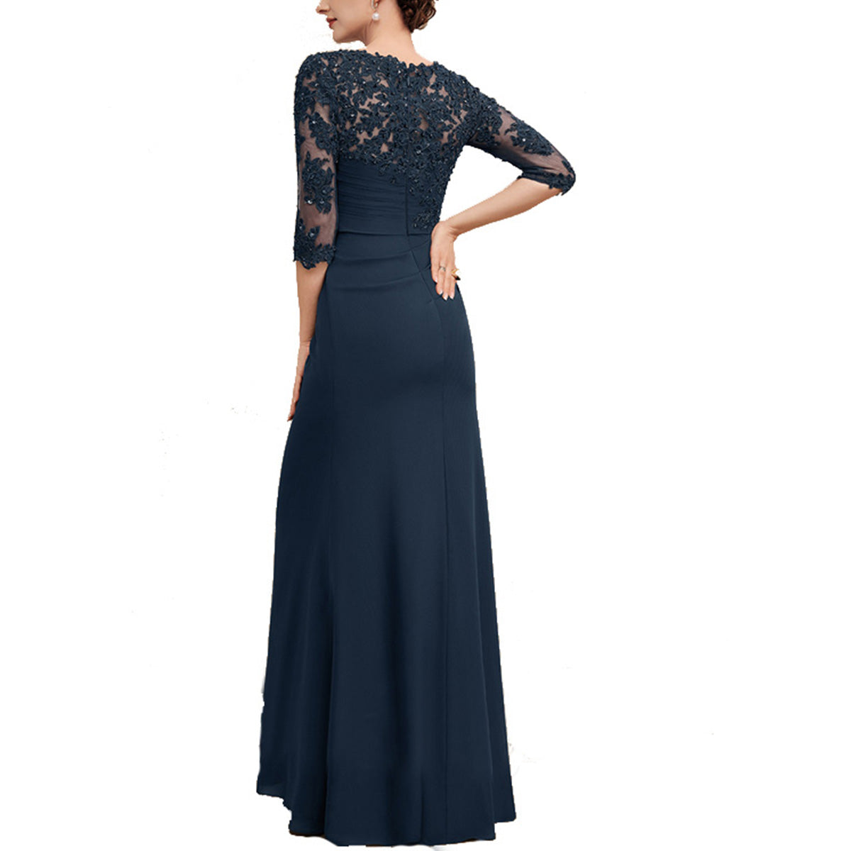 Ruched Jewel Blue Long Mother of the Bride Dress Half Sleeves - promboutiqueonline