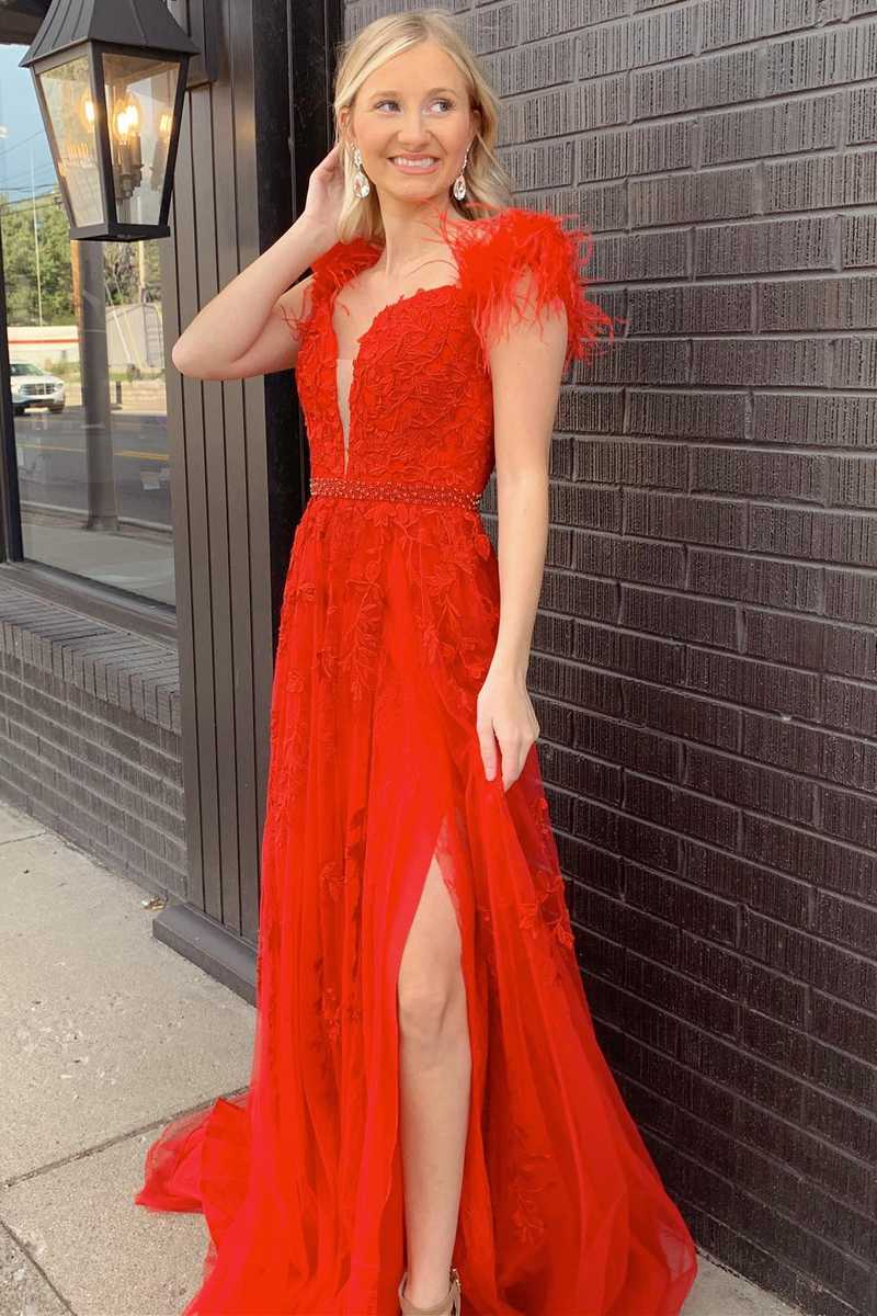 Sheer Plunging Neckline Applique Feather Prom Dresses with Slit - promboutiqueonline