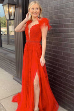 Load image into Gallery viewer, Sheer Plunging Neckline Applique Feather Prom Dresses with Slit