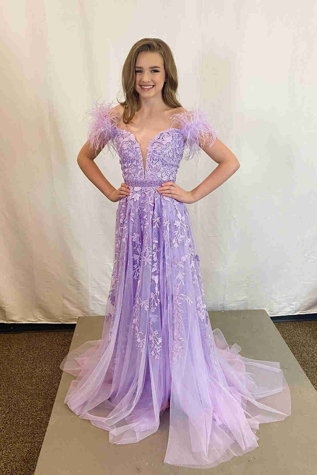 Sheer Plunging Neckline Applique Feather Prom Dresses with Slit - promboutiqueonline