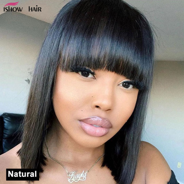 Short Straight Bob Wigs with Bang for Black Women Dyeable 100% Human Hair wigs - promboutiqueonline