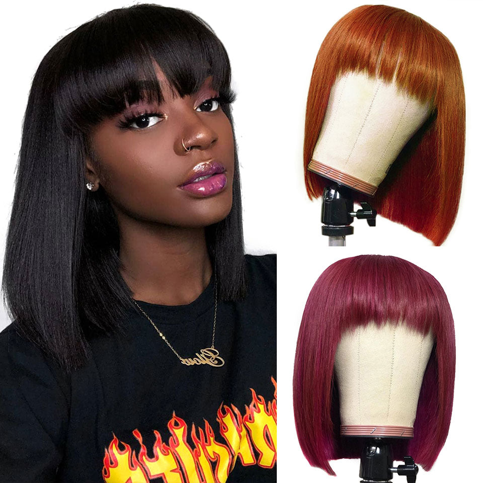 Short Straight Bob Wigs with Bang for Black Women Dyeable 100% Human Hair wigs - promboutiqueonline