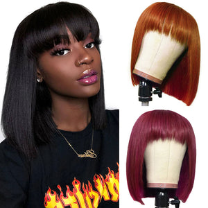Short Straight Bob Wigs with Bang for Black Women Dyeable 100% Human Hair wigs