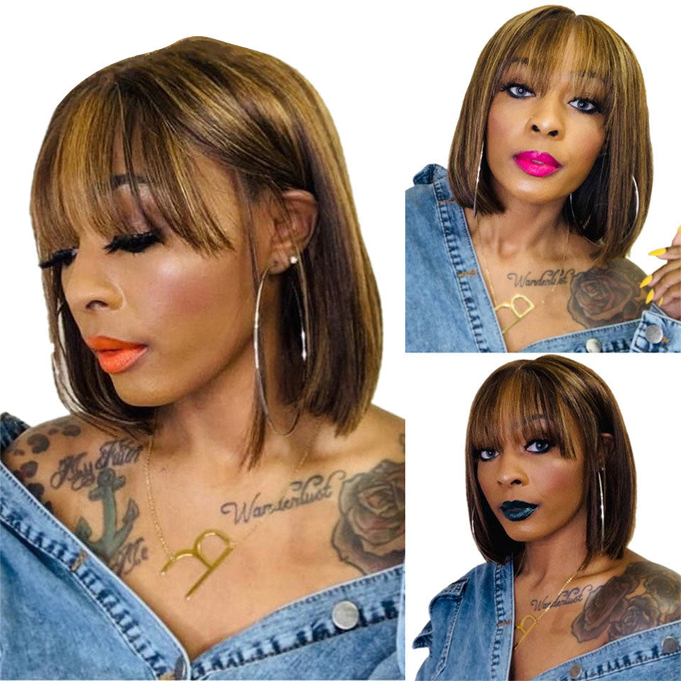 Short Straight Bob Wigs with Bang for Black Women Dyeable 100% Human Hair wigs - promboutiqueonline