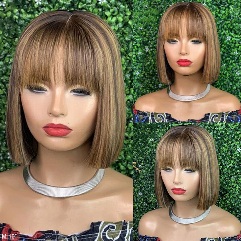 Short Straight Bob Wigs with Bang for Black Women Dyeable 100% Human Hair wigs - promboutiqueonline