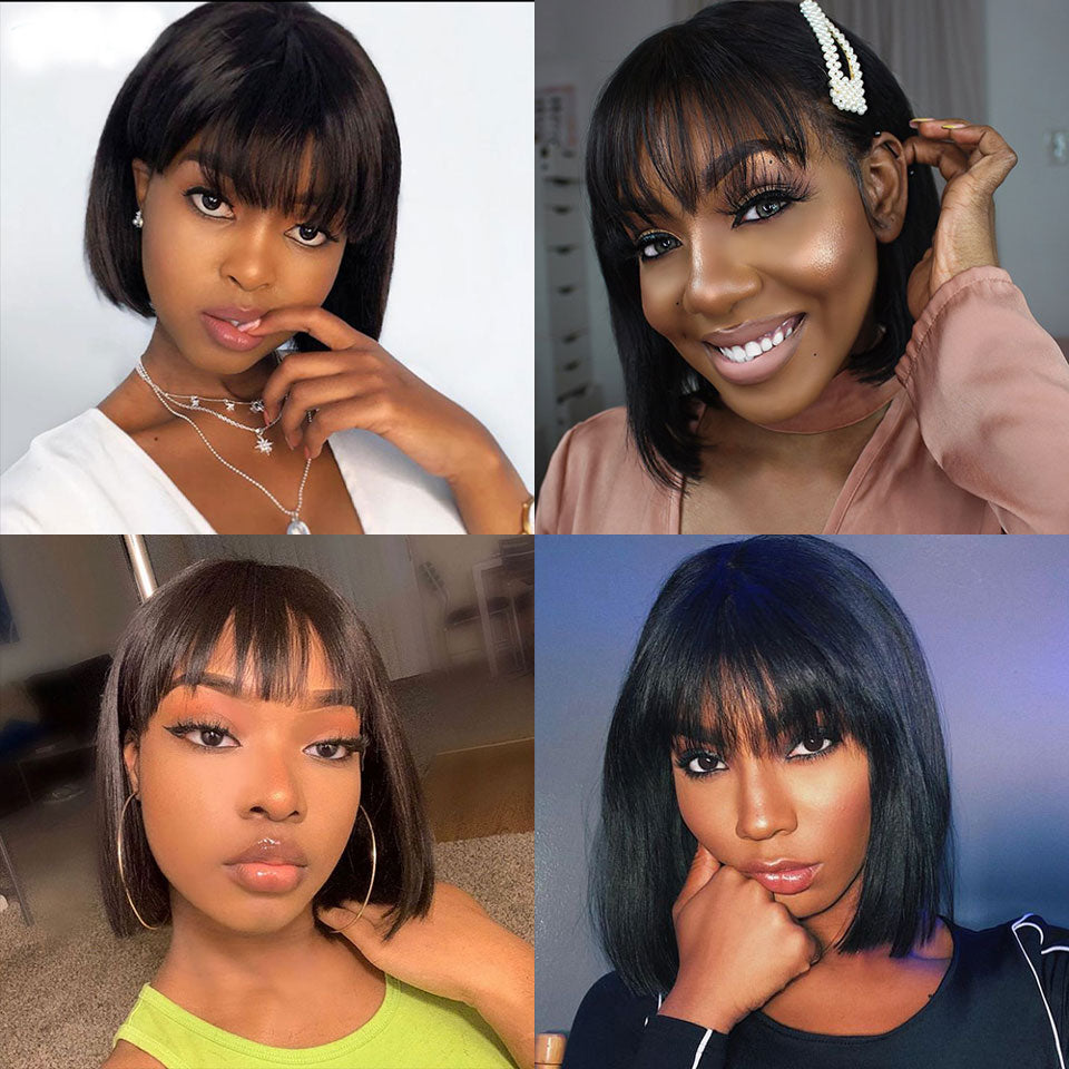 Short Straight Bob Wigs with Bang for Black Women Dyeable 100% Human Hair wigs - promboutiqueonline