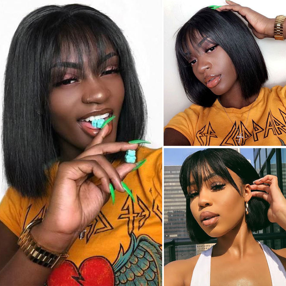 Short Straight Bob Wigs with Bang for Black Women Dyeable 100% Human Hair wigs - promboutiqueonline