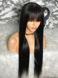 100% Human Hair Wig With Bangs For Black Women Cheap Brazilian Straight Black Long Fringe Wig - promboutiqueonline