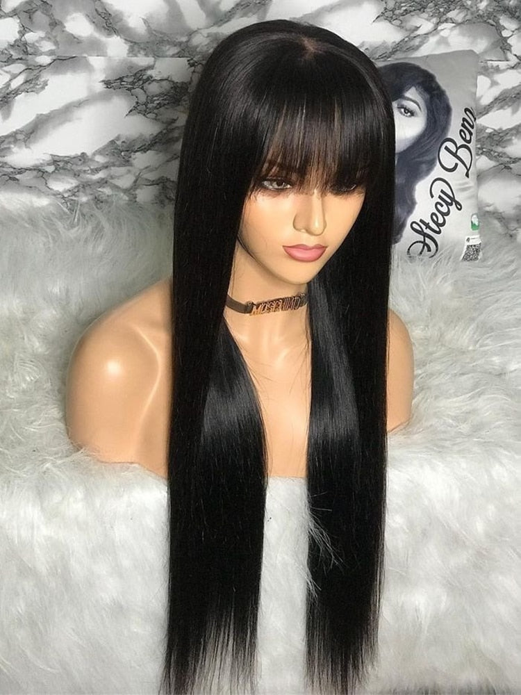 100% Human Hair Wig With Bangs For Black Women Cheap Brazilian Straight Black Long Fringe Wig - promboutiqueonline