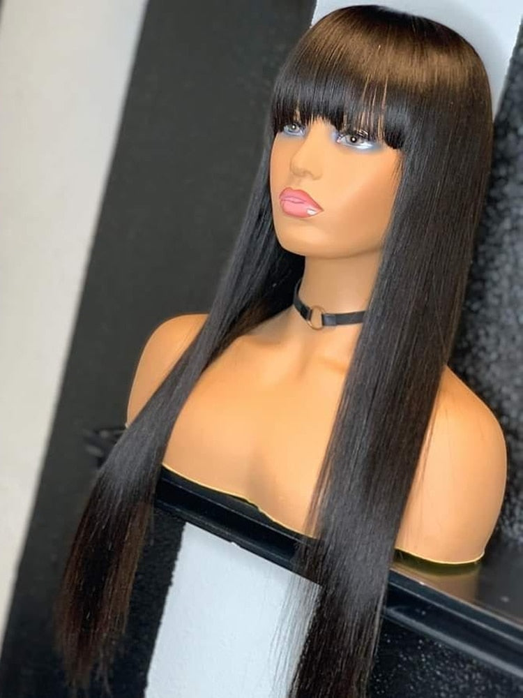 100% Human Hair Wig With Bangs For Black Women Cheap Brazilian Straight Black Long Fringe Wig - promboutiqueonline