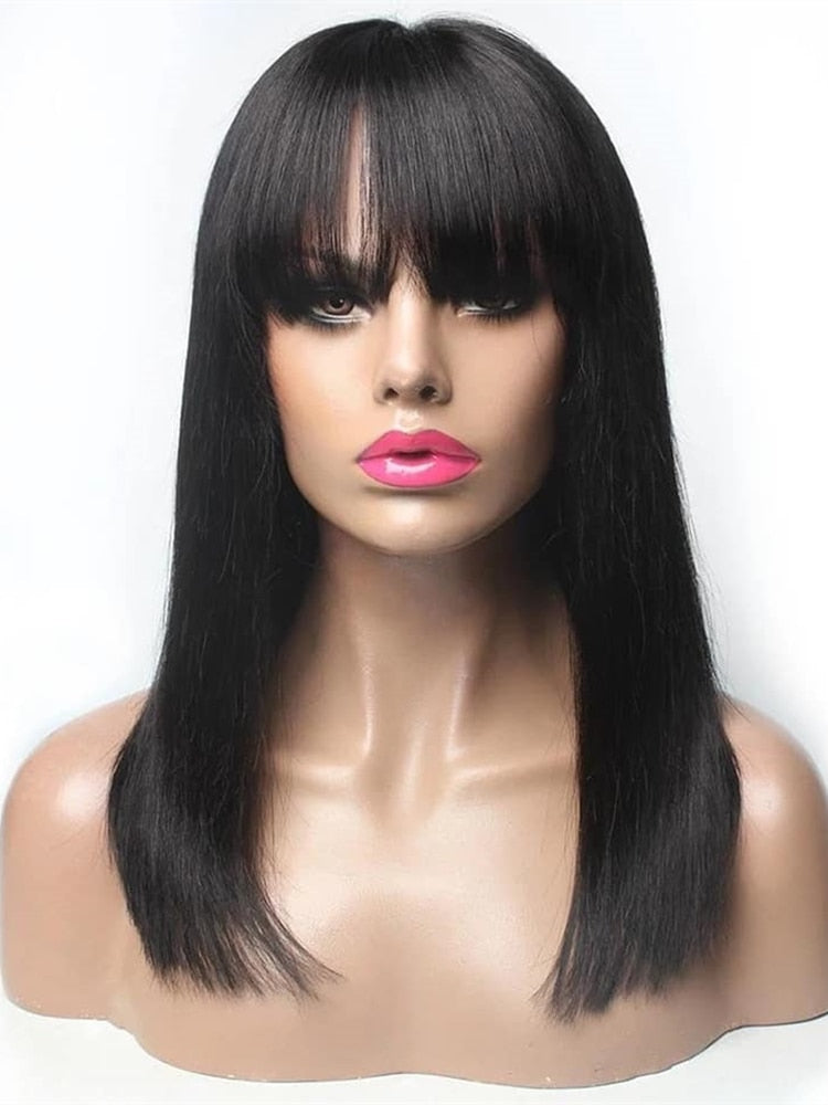 100% Human Hair Wig With Bangs For Black Women Cheap Brazilian Straight Black Long Fringe Wig - promboutiqueonline
