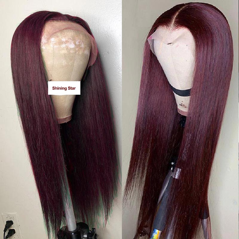 Burgundy Lace Front Human Hair Wigs 99J Brazilian Remy Hair Shining Straight Human Hair Wig  Pre-Plucked and Dyeable - promboutiqueonline